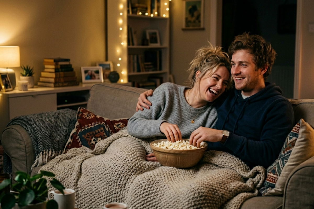 A cozied up nordic couple on a couch enjoying movie night underneath a blanket