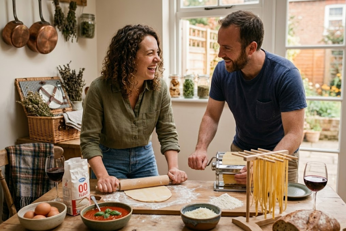 a couple having a pasta making date
