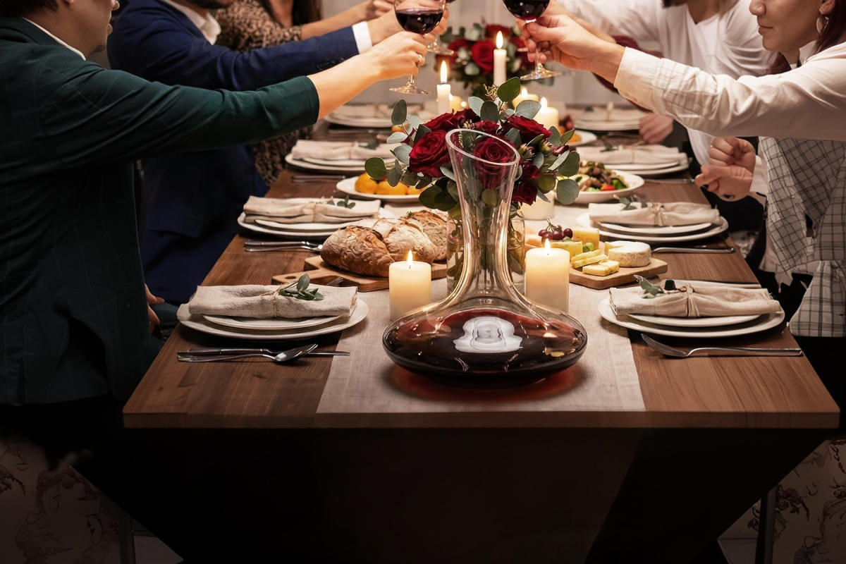 An elegant, hand-blown premium crystal wine decanter with a built-in aerator, sitting on a fine dinner table while cascading rich red wine under ambient candlelight.