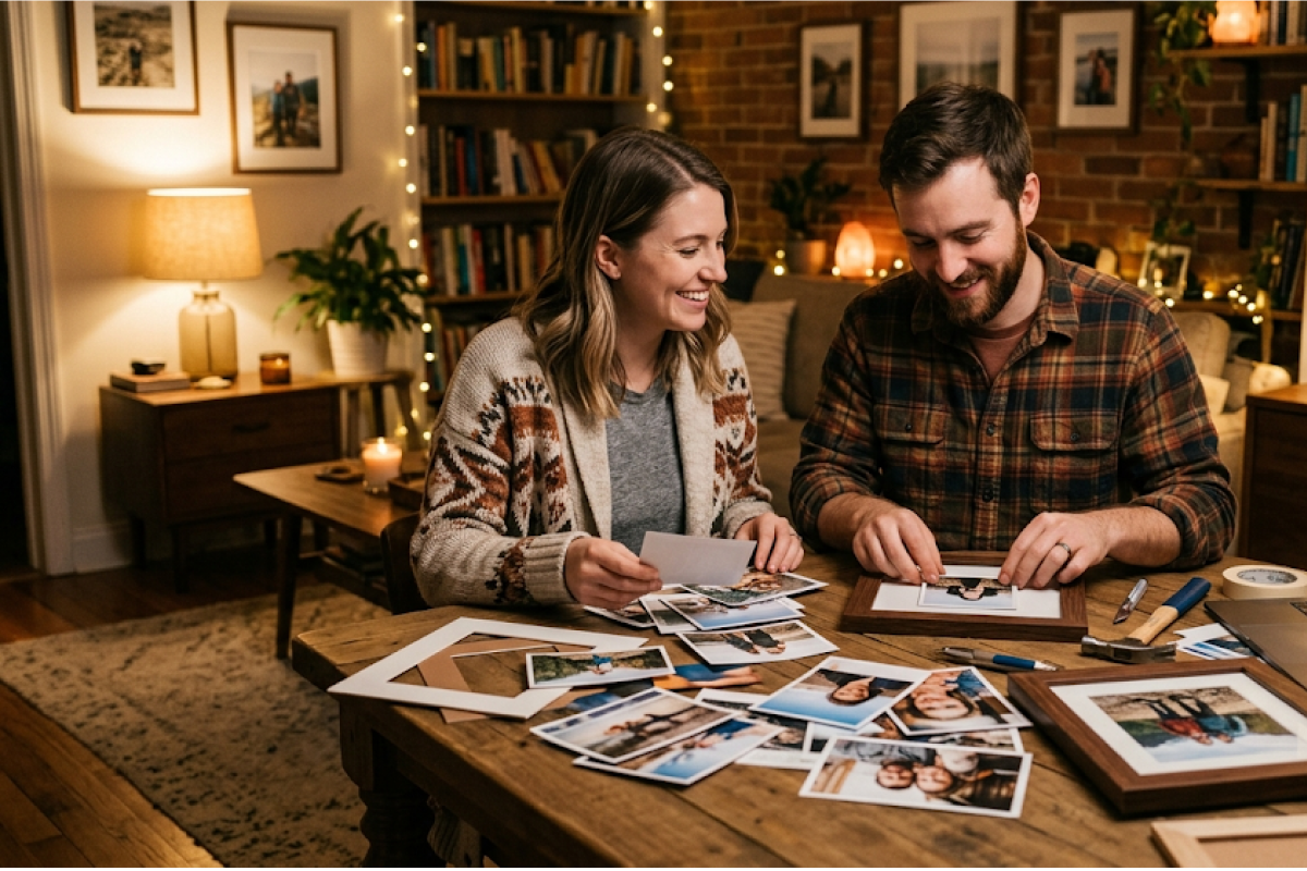 A couple sitting down by a table framing pictures together