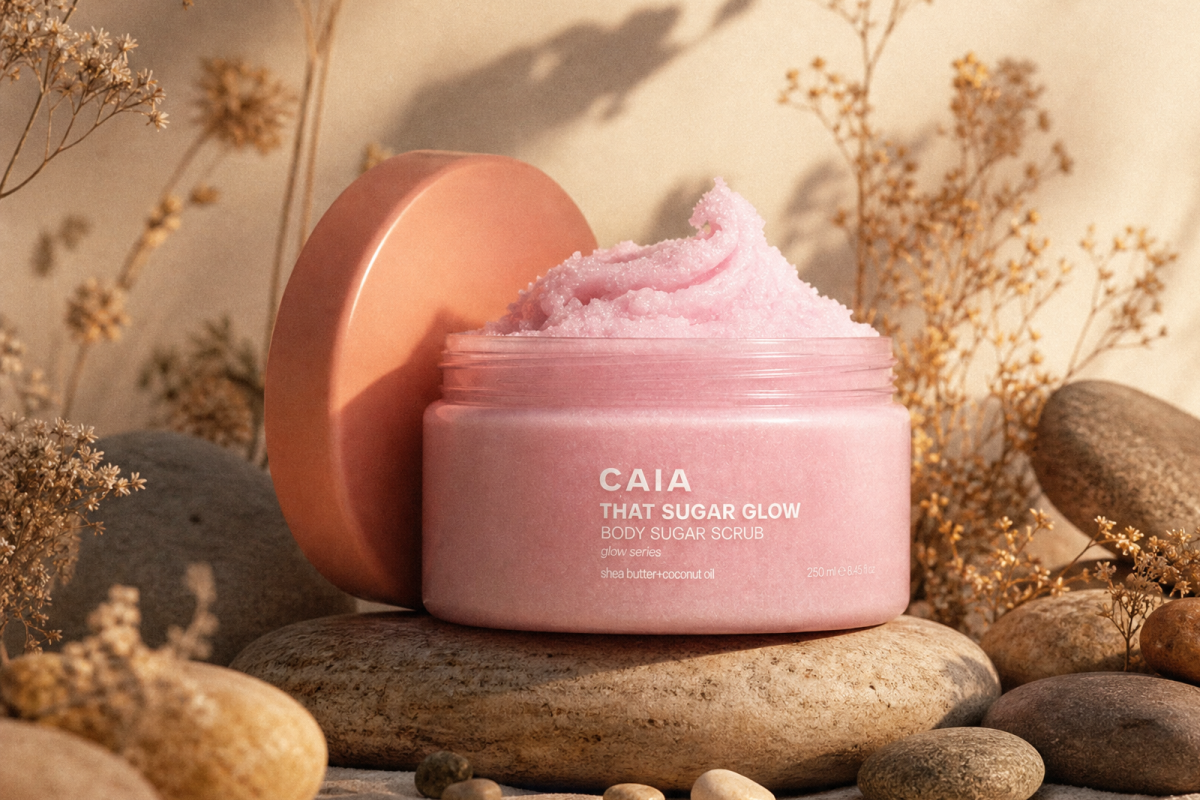 In the center sits an open jar of pink CAIA "That Sugar Glow" body sugar scrub, with its peach-colored lid resting behind it to reveal the textured, fluffy pink scrub inside