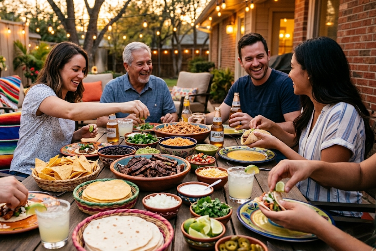 A diverse family in a distinct American suburb housing setting sharing a taco night.
