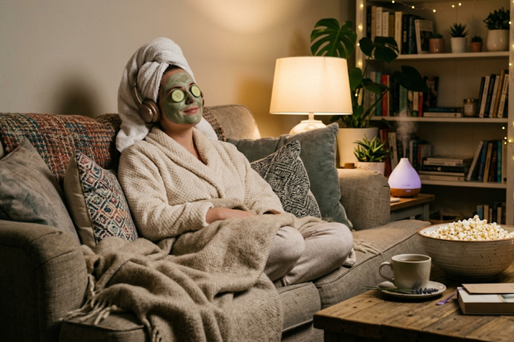 A woman enjoying some music, a mask, at home.