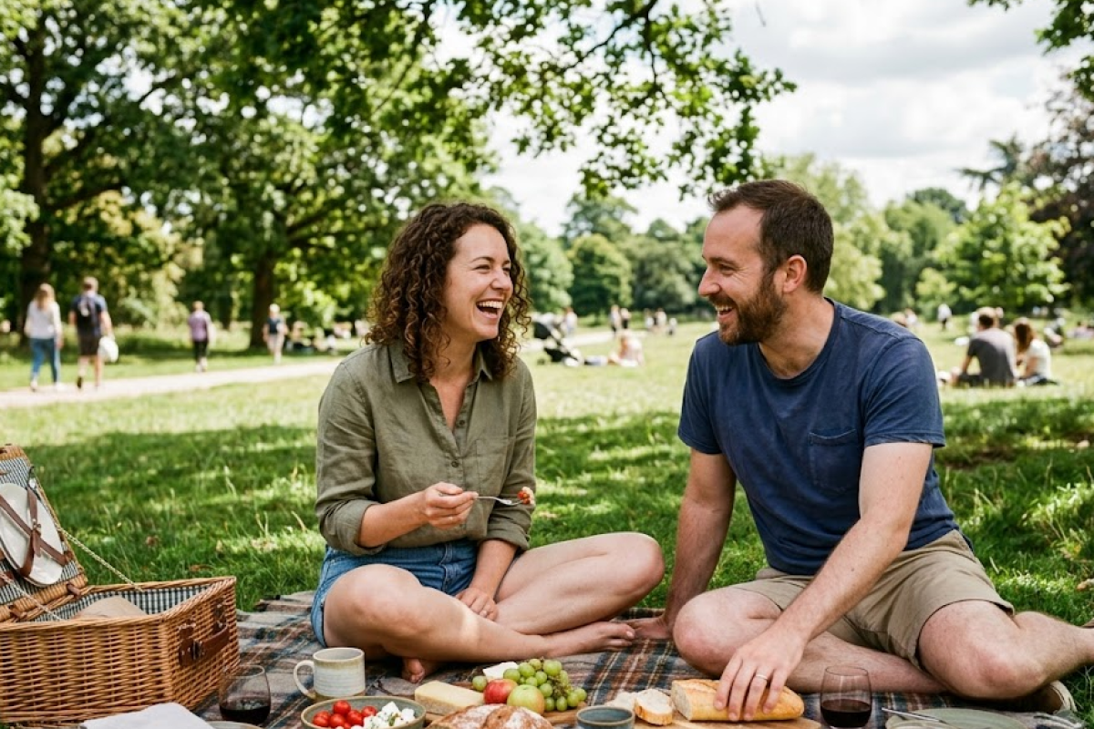 a couple enjoying picknick at the park