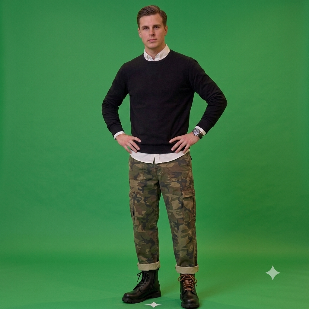 Men's Layered Navy Sweater, White Button-Down, and Camouflage Cargo Pants Outfit