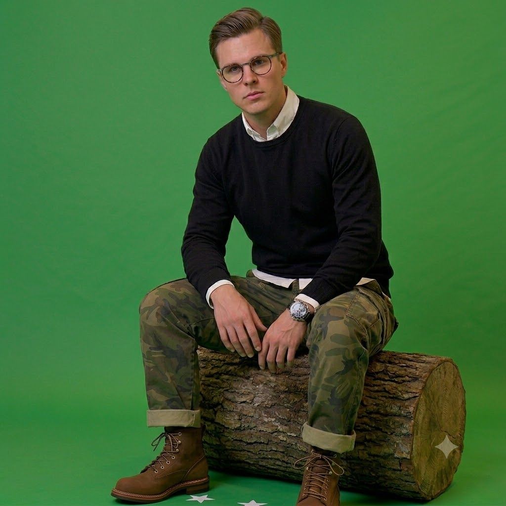 Men's Layered Navy Sweater, White Button-Down, and Camouflage Cargo Pants Outfit and Office Glasses