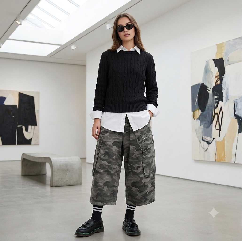 Black Mocacines Black Sunglasses Black Sweter White Shirt Military Camouflage Short Baggy Pants And Black Socks With White Stripes