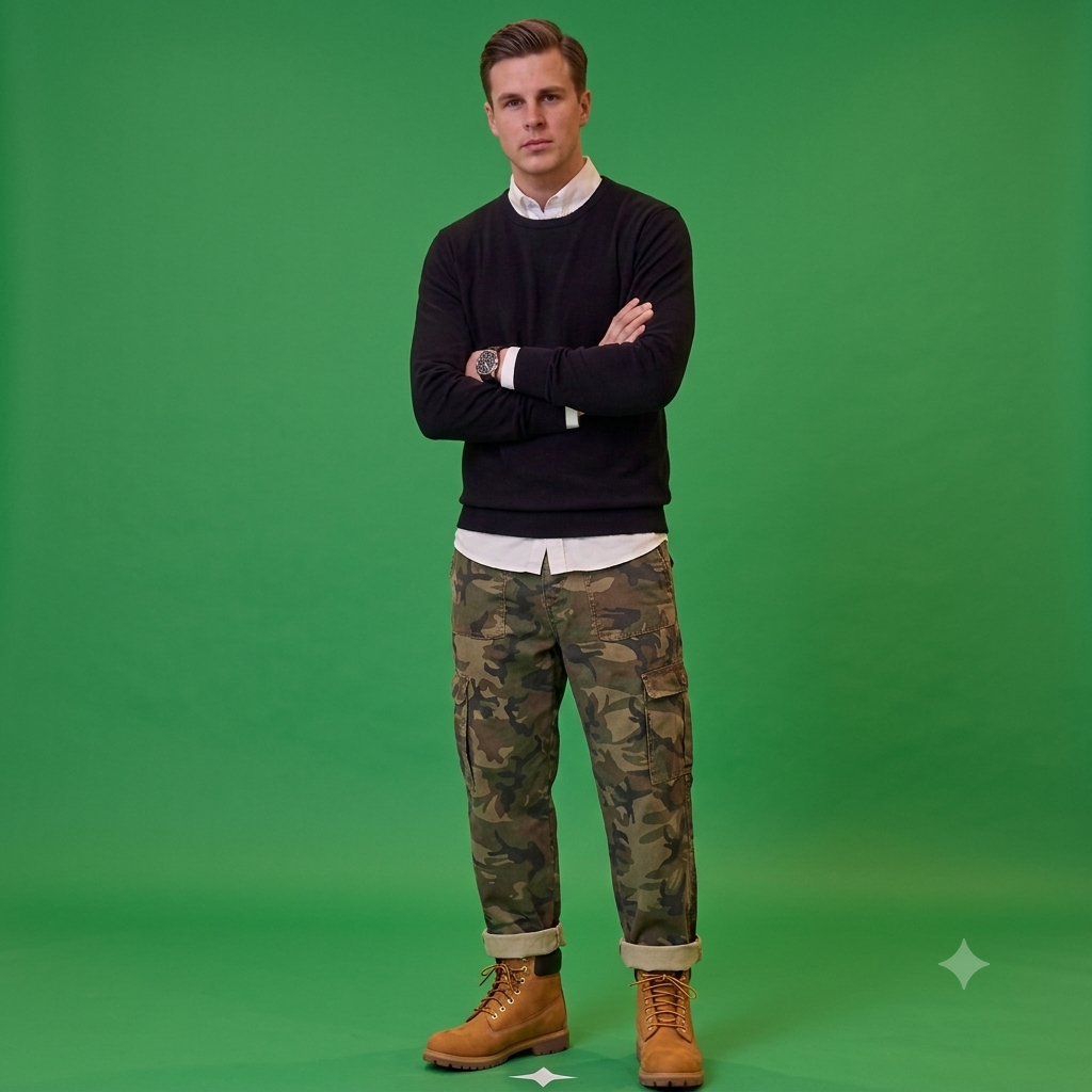 Men's Layered Navy Sweater, White Button-Down, and Camouflage Cargo Pants Outfit and Office Glasses
