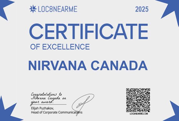 Nirvana Canada Best Business in Vancouver 2025 Certificate