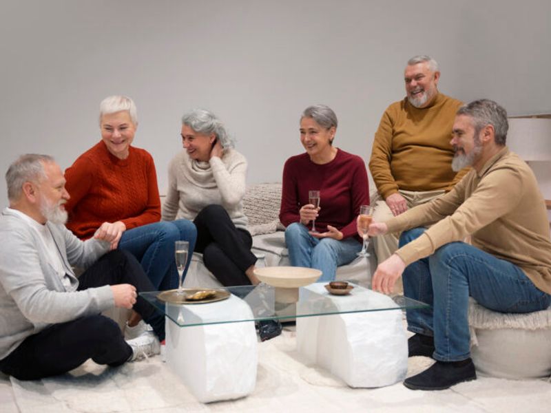 Group of smiling senior adults socializing together in a comfortable living room, enjoying conversation and refreshments in a welcoming board and care or assisted living community.