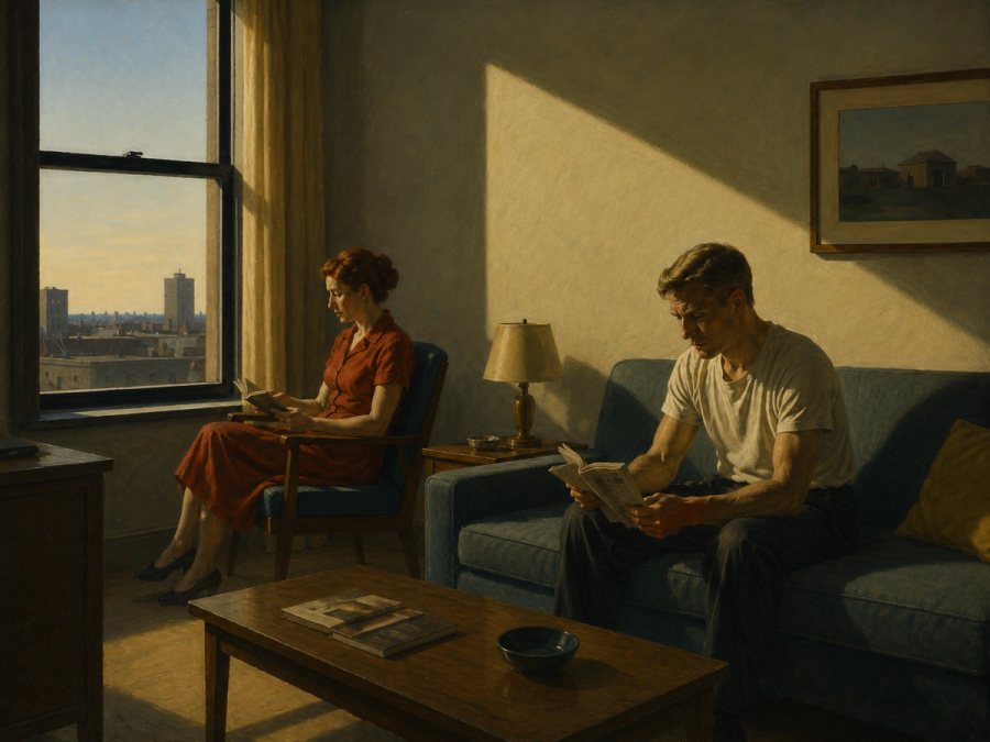 Couple reading in separate areas of a room