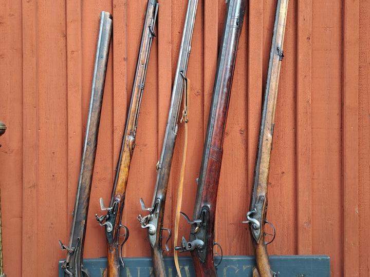 Samling av antika långvapen uppställda mot en röd trävägg.