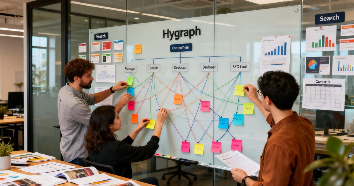 Content team designing content models for Hygraph SEO on a glass whiteboard in a modern startup office