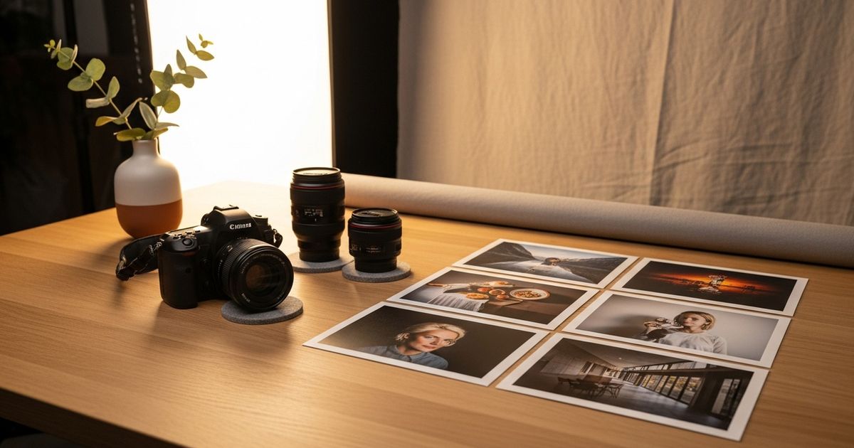 Photographer's studio workspace with camera, lenses, and printed portfolio photos arranged on a warm-toned table.