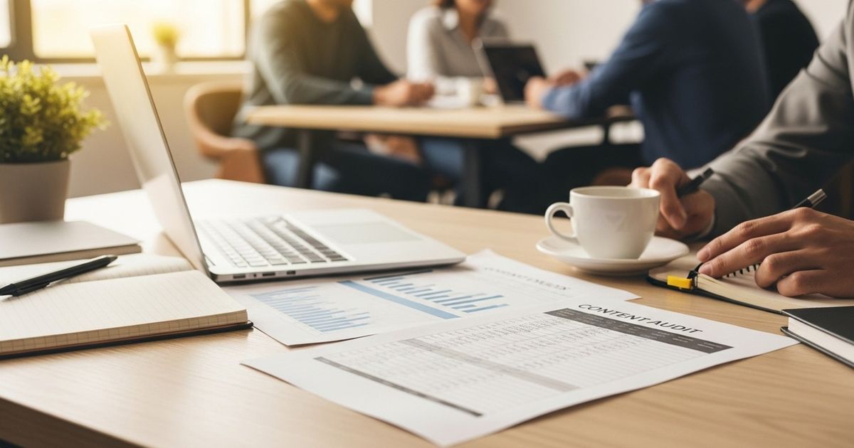 Workspace scene representing content audit and update planning for AI-generated SEO content