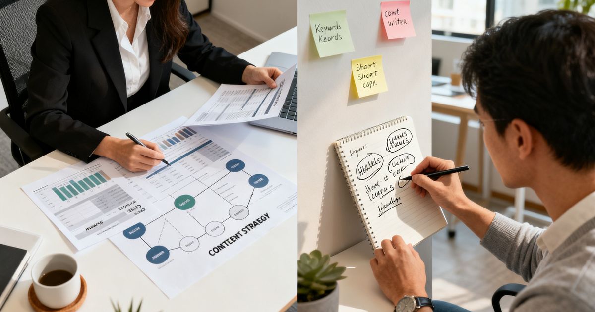 Split-scene of an SEO analyst and content writer collaborating in an office, representing semrush vs copy.ai