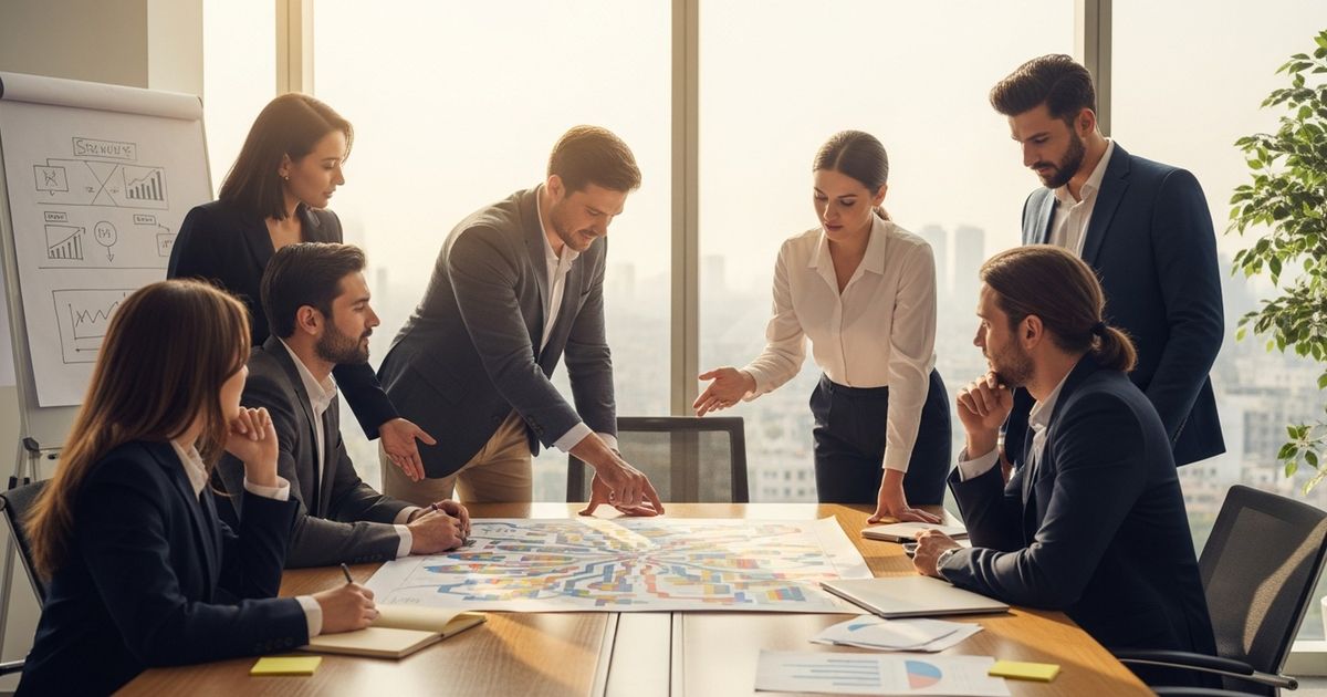 Marketing team collaborating around a conference table in a New Delhi office discussing SEO strategy for seo agencies in delhi