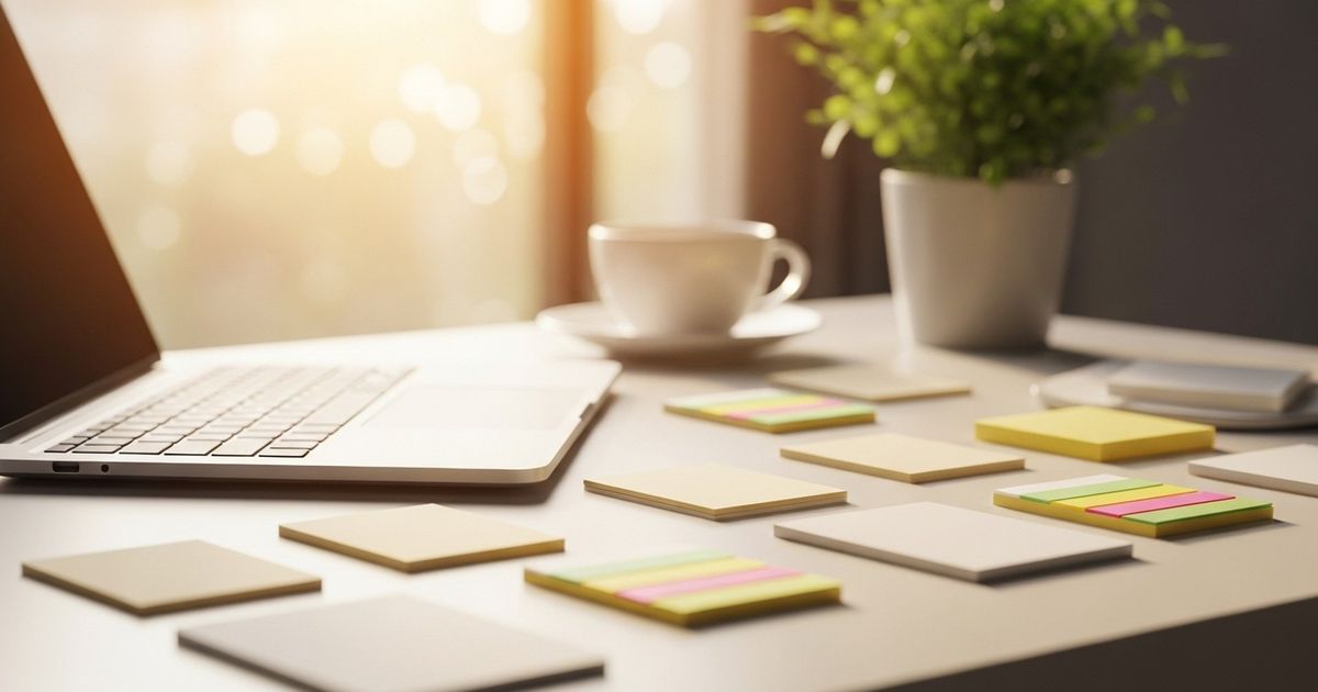 Modern workspace with blank index cards and sticky dots representing content templates and clustering