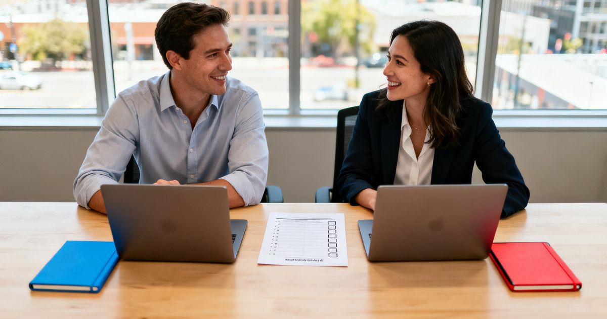 Two marketers comparing Semrush vs Scalenut dashboards on laptops in a modern startup office in Austin, Texas