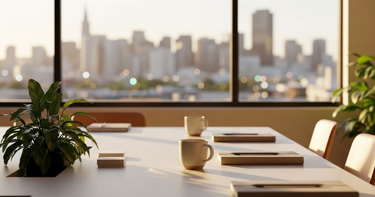 Warm hyper-realistic scene of a modern conference room with a view of Oakland skyline, suggesting a professional SEO agency meeting without any visible text or screens.