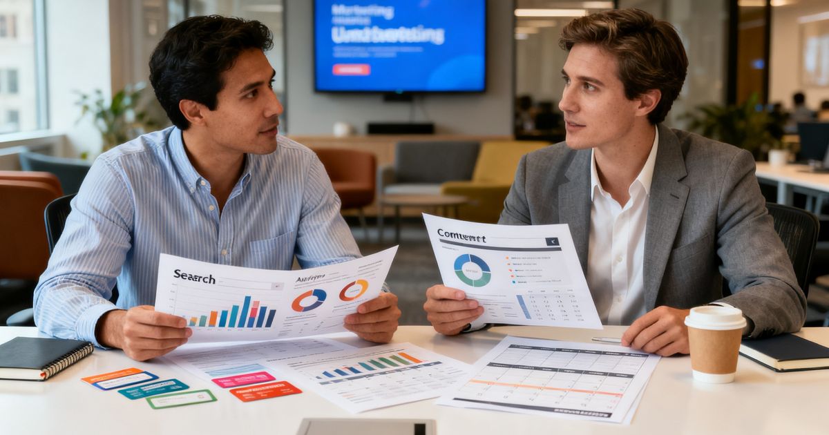 Two marketers in a San Francisco office comparing SEO reports side-by-side for surfer seo vs moz