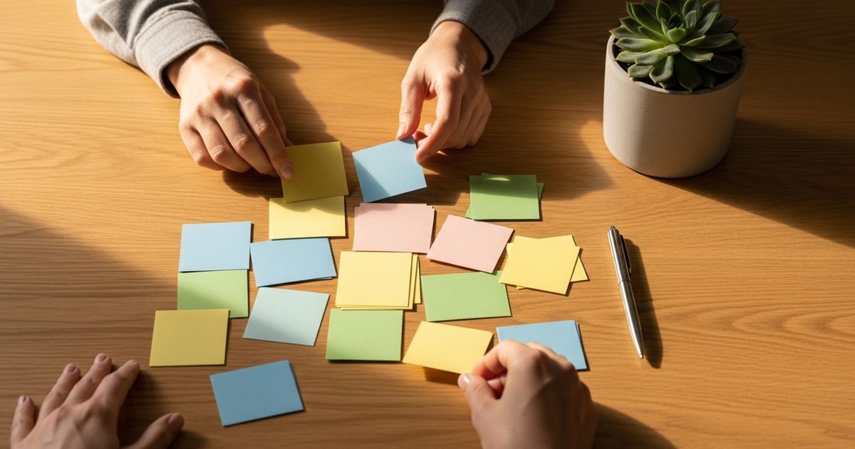 Top-down view of hands arranging colored index cards into clusters on a warm wooden table, symbolizing nonprofit content planning and strategy