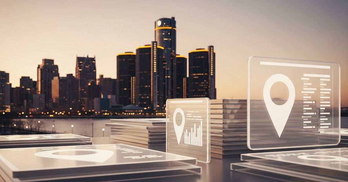 Detroit skyline at dusk with abstract translucent data panels representing local SEO strategy