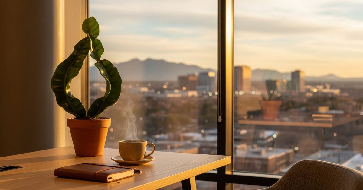 Warm modern office scene with notebook and coffee and a distant mountain silhouette, evoking local Albuquerque SEO expertise