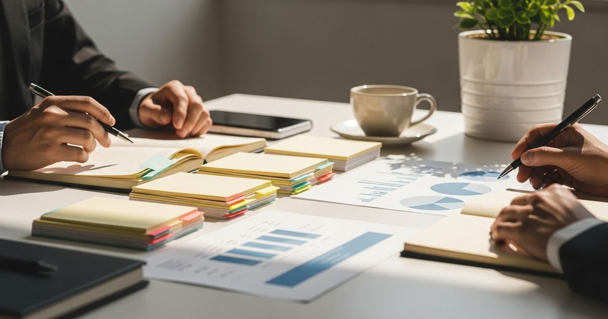 Team planning programmatic SEO with blank index cards, abstract charts, and warm modern workspace