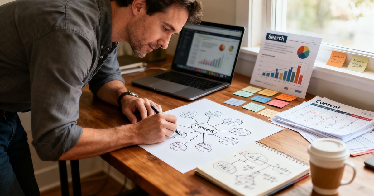Founder working on Tilda site SEO tasks in a home office (tilda seo) — planning content clusters and metadata at a laptop