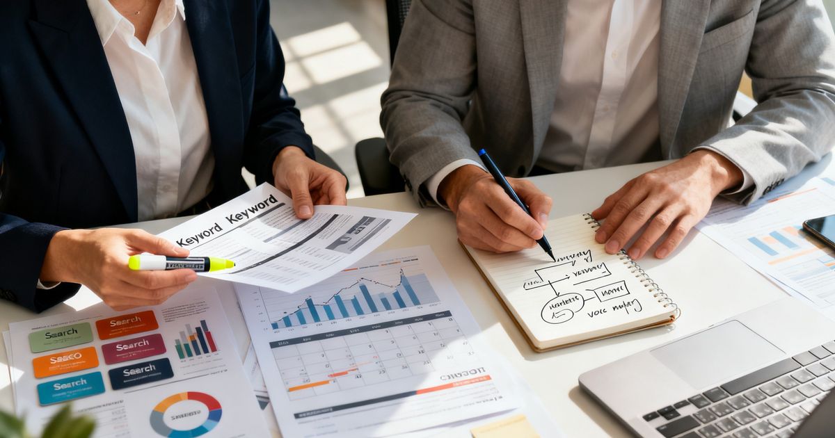 Marketer comparing Ahrefs vs Copy.ai using printed SEO reports and a drafted content outline