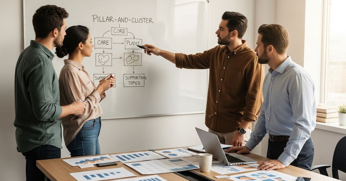 Marketing team mapping a pillar-and-cluster SEO strategy on a whiteboard — how to create an seo strategy