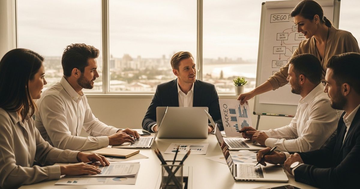 Marketing team collaborating on SEO strategy in a Wollongong office, illustrating SEO agencies in Wollongong