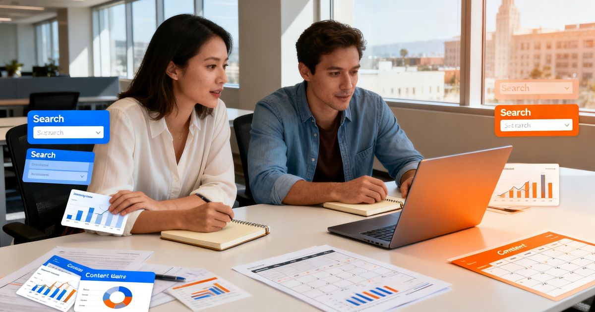 Two marketers comparing Clearscope and Ubersuggest in a startup office