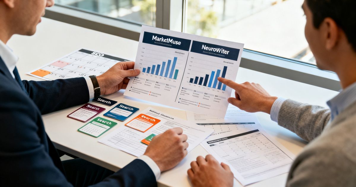 Two SEO specialists comparing content optimization tools side-by-side at a modern San Francisco startup office — marketmuse vs neuronwriter