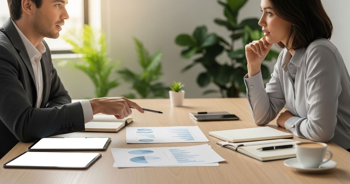 Two marketers collaborating over blank tablets and blurred charts in a warm, modern office, representing an AI SEO tool comparison and decision meeting.