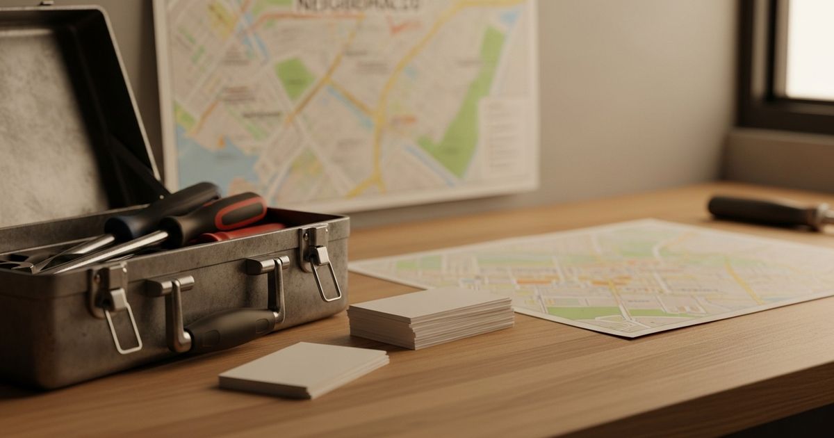 Warm, hyper-realistic close-up of a handyman's toolbox and face-down business cards on a neat workbench, suggesting local craftsmanship and services.