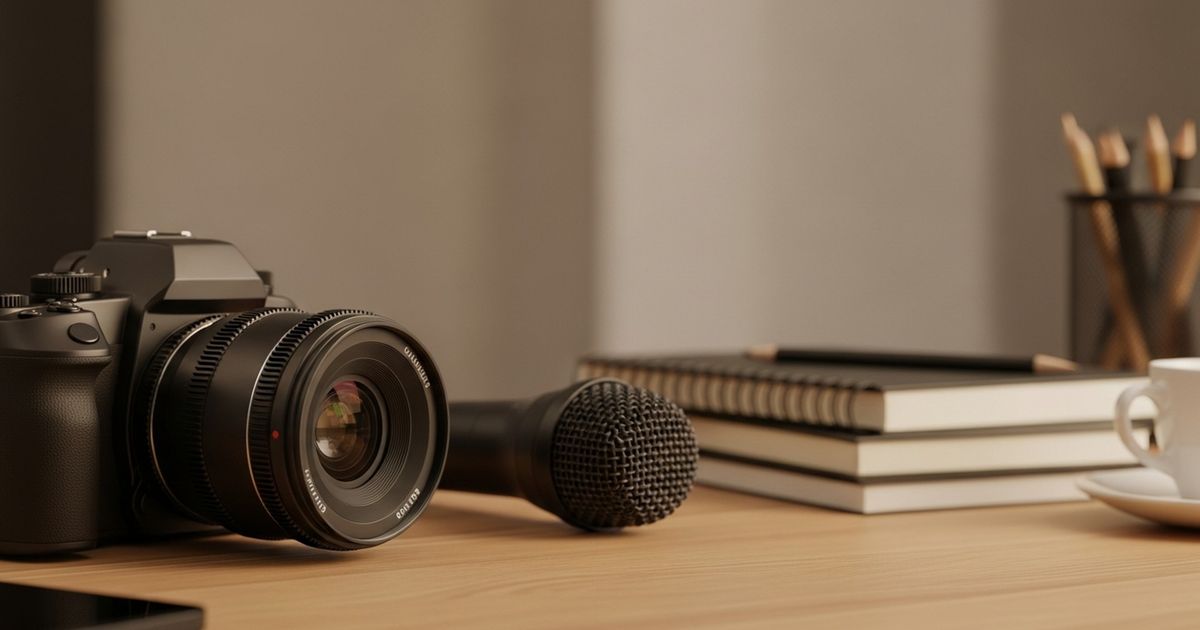 Warm, hyper-realistic close-up of a camera lens and microphone on a creator's desk evoking video production and content creation