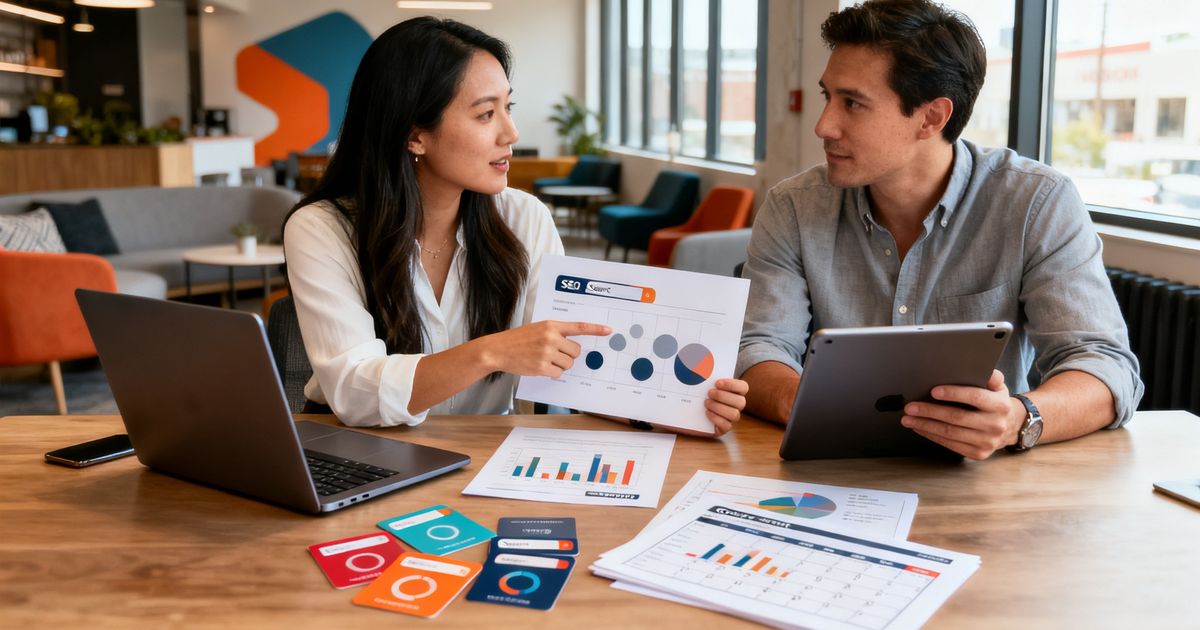 Two marketers reviewing Frase vs MarketMuse side-by-side in a startup office in Austin, Texas