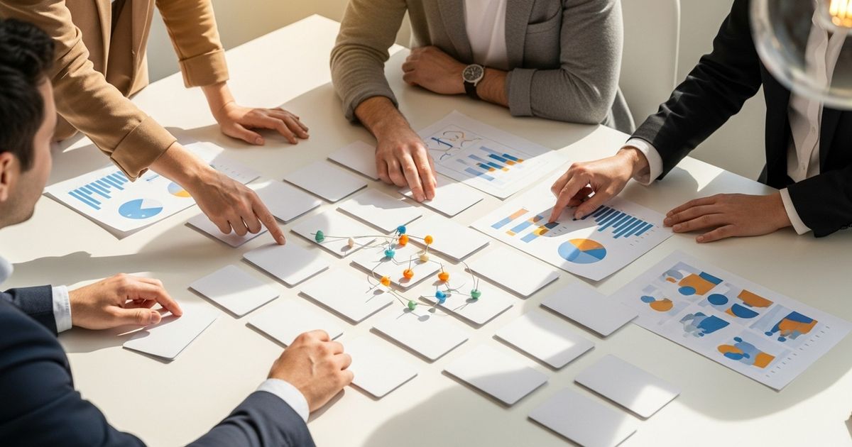 Team arranging index cards and pins on a table to map content clusters for a scalable SEO project