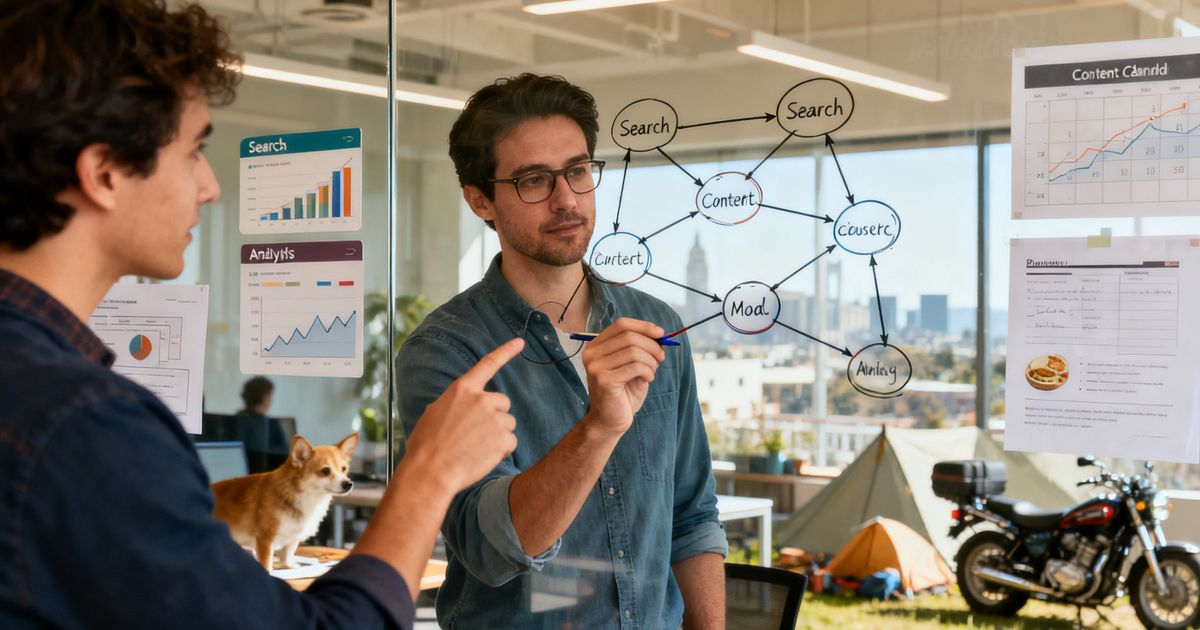 Developer sketching a Sanity content model on a glass board in a San Francisco startup office — sanity seo