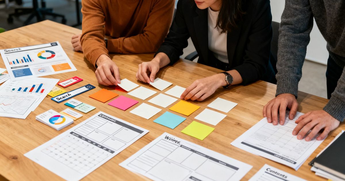 Small marketing team mapping topic cards for a Ghost SEO content strategy