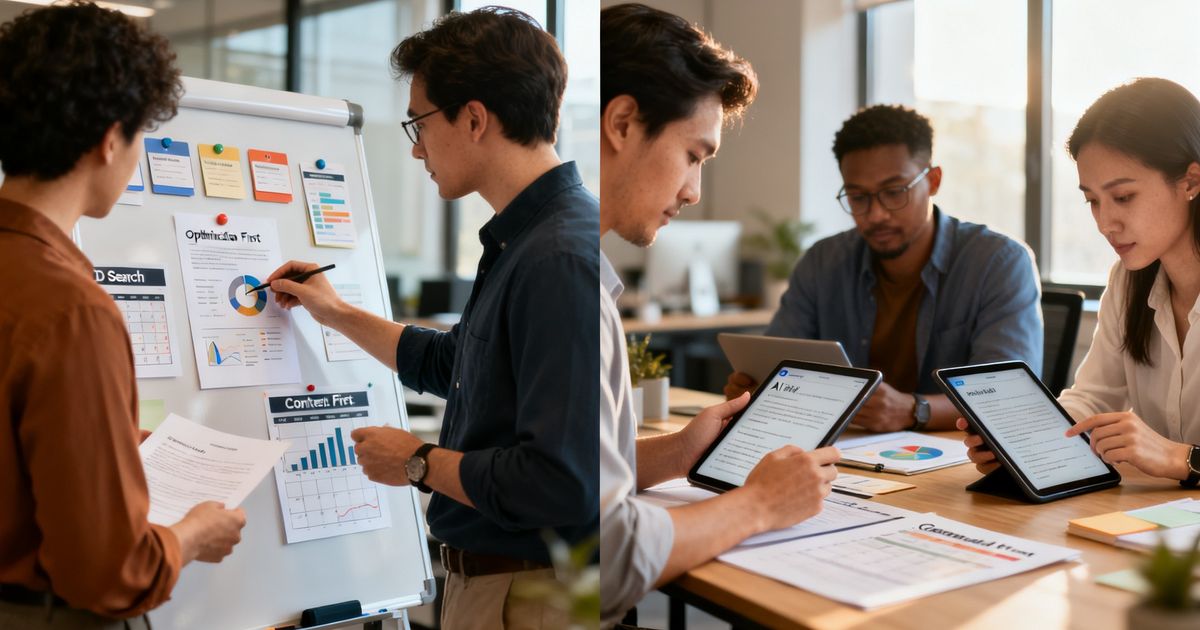 Two content teams comparing optimization-first and AI generation-first workflows — clearscope vs writesonic