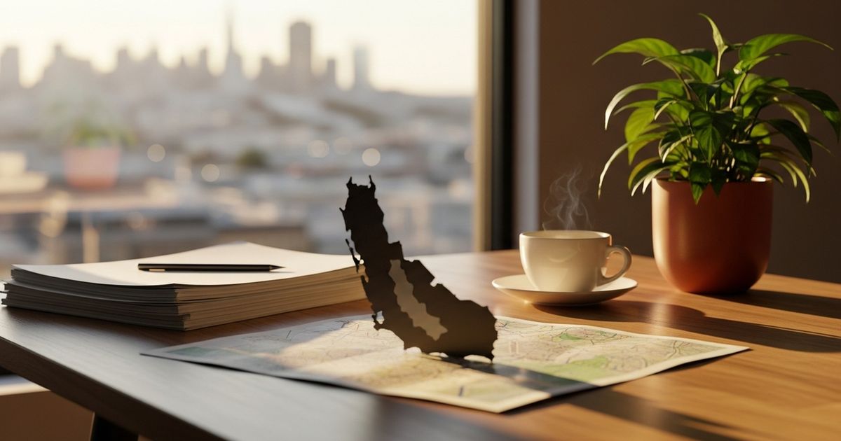 Warm editorial scene suggesting San Francisco-based digital marketing — desk with papers and a subtle abstract city silhouette in soft light