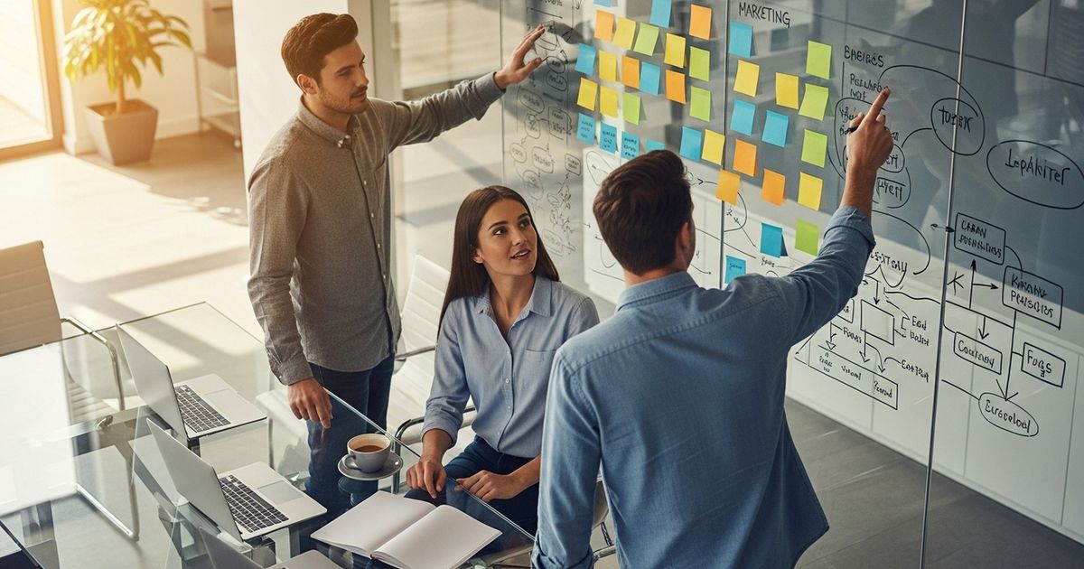 Marketing team discussing SEO tools at a modern meeting wall with blank sticky notes, conveying evaluation of alternatives for AI-driven SEO