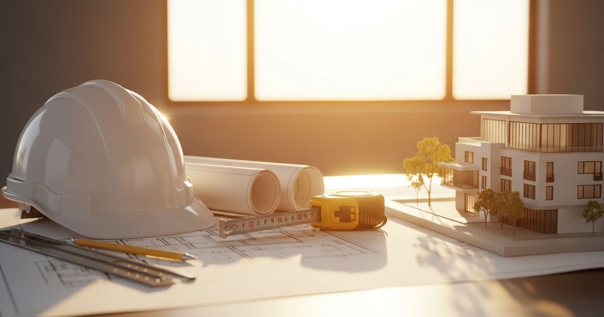 Hard hat, measuring tape, and small architectural model arranged on a clean table in warm light, symbolizing construction planning and strategy