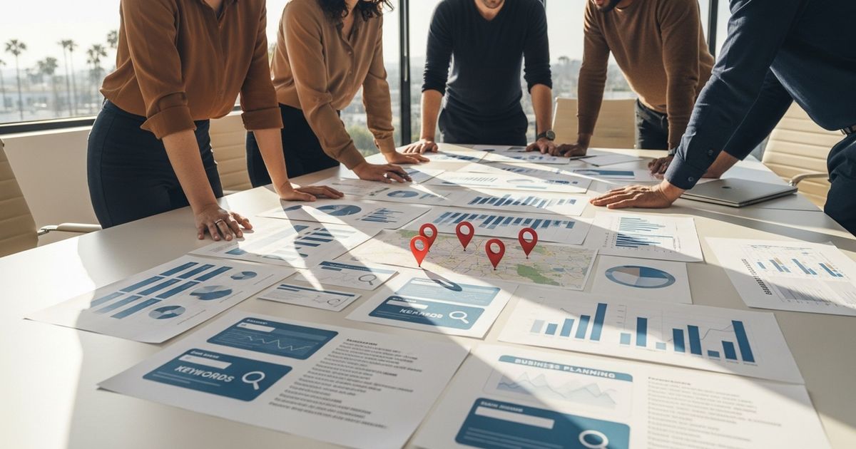 Marketing team collaborating in an Irvine office around SEO strategy documents, representing SEO agencies in Irvine
