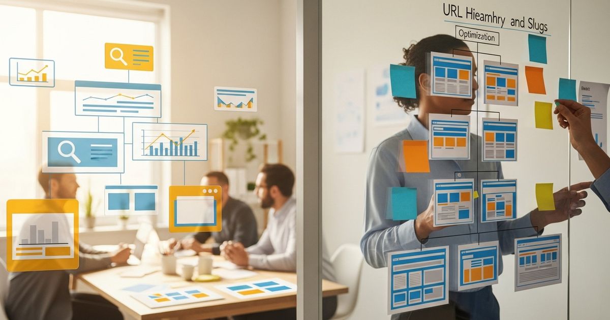 Content manager mapping website URL hierarchy on a whiteboard in a modern startup office — how to optimize url structure