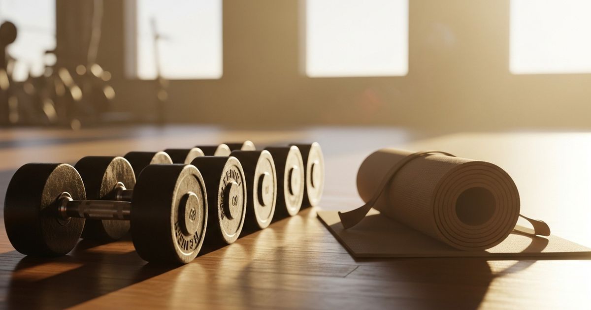 Warm, hyper-realistic close-up of dumbbells and a rolled yoga mat in a modern gym interior