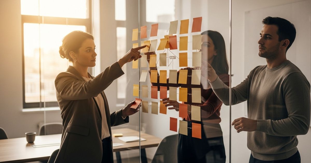 Marketing team mapping content architecture with color-coded sticky notes in a modern startup office — how to structure content for seo